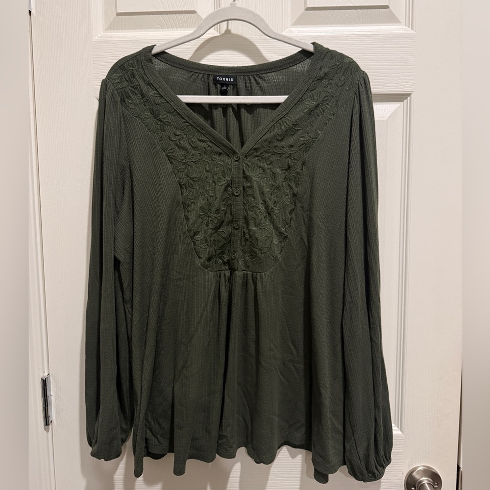 Torrid Olive Embroidered Long Sleeve Blouse
